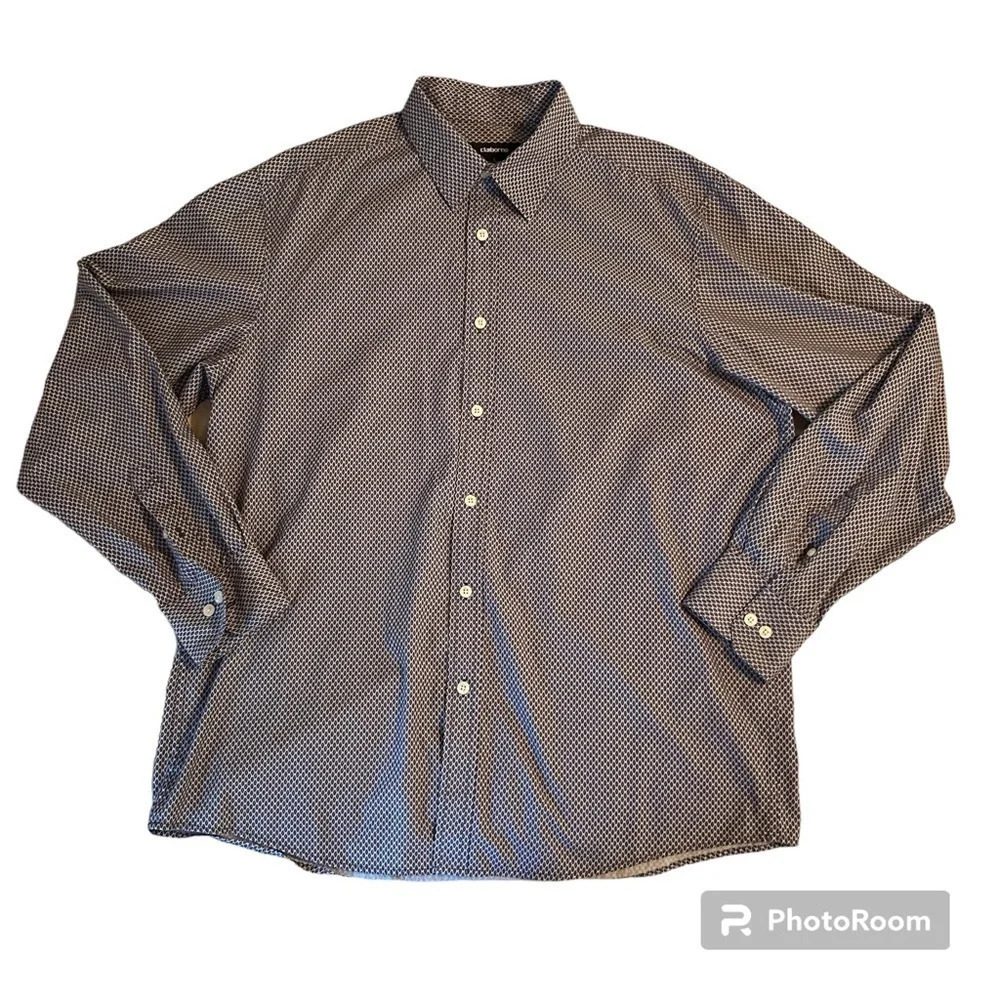 CLAIBORNE Men Dress Shirt Size Large 100% Cotton Long Sleeves Blue Geometric